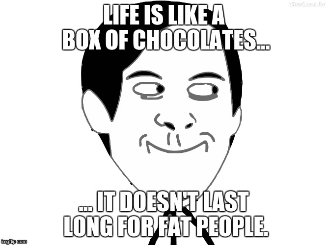 Please don't crush me by falling on me. | LIFE IS LIKE A BOX OF CHOCOLATES... ... IT DOESN'T LAST LONG FOR FAT PEOPLE. | image tagged in troll face meme | made w/ Imgflip meme maker