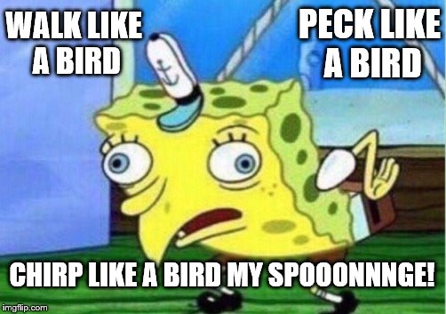 Mocking Spongebob Meme | WALK LIKE A BIRD; PECK LIKE A BIRD; CHIRP LIKE A BIRD MY SPOOONNNGE! | image tagged in memes,mocking spongebob | made w/ Imgflip meme maker