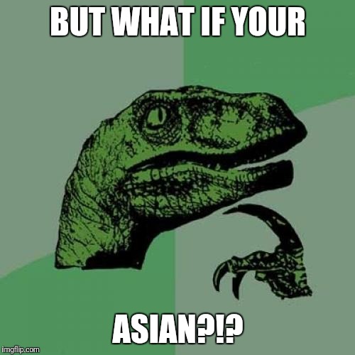 Philosoraptor Meme | BUT WHAT IF YOUR ASIAN?!? | image tagged in memes,philosoraptor | made w/ Imgflip meme maker