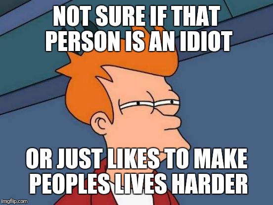 Futurama Fry | NOT SURE IF THAT PERSON IS AN IDIOT; OR JUST LIKES TO MAKE PEOPLES LIVES HARDER | image tagged in memes,futurama fry | made w/ Imgflip meme maker