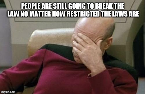 Captain Picard Facepalm Meme | PEOPLE ARE STILL GOING TO BREAK THE LAW NO MATTER HOW RESTRICTED THE LAWS ARE | image tagged in memes,captain picard facepalm | made w/ Imgflip meme maker