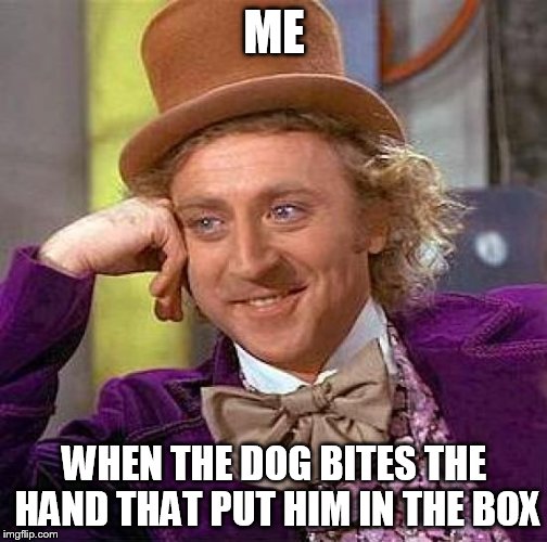 Creepy Condescending Wonka Meme | ME WHEN THE DOG BITES THE HAND THAT PUT HIM IN THE BOX | image tagged in memes,creepy condescending wonka | made w/ Imgflip meme maker