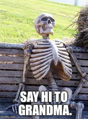 Waiting Skeleton | SAY HI TO GRANDMA. | image tagged in memes,waiting skeleton | made w/ Imgflip meme maker