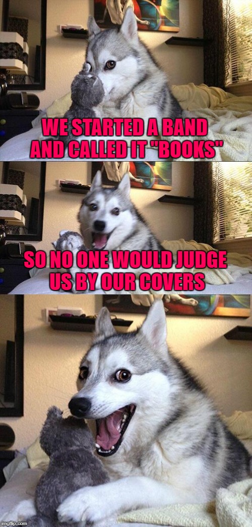 It just might work!!! | WE STARTED A BAND AND CALLED IT "BOOKS"; SO NO ONE WOULD JUDGE US BY OUR COVERS | image tagged in memes,bad pun dog,don't judge,funny,dogs,animals | made w/ Imgflip meme maker