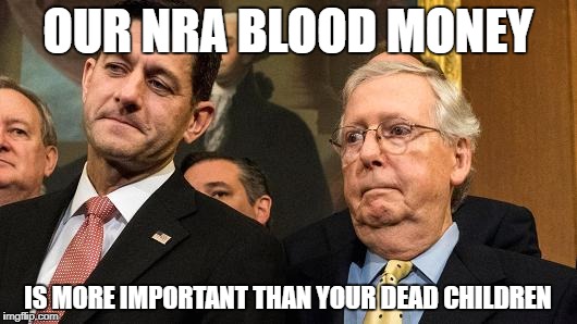 OUR NRA BLOOD MONEY; IS MORE IMPORTANT THAN YOUR DEAD CHILDREN | image tagged in paul ryan,mitch mcconnell,nra | made w/ Imgflip meme maker