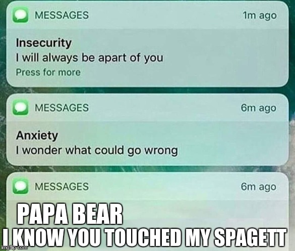 insecurity anxiety meme | PAPA BEAR; I KNOW YOU TOUCHED MY SPAGETT | image tagged in text | made w/ Imgflip meme maker