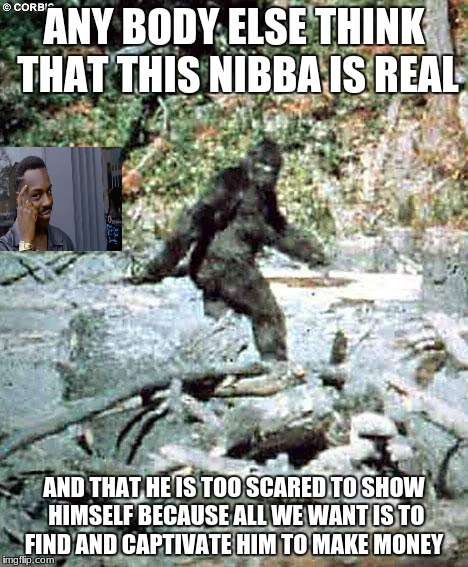 Bigfoot | ANY BODY ELSE THINK THAT THIS NIBBA IS REAL; AND THAT HE IS TOO SCARED TO SHOW HIMSELF BECAUSE ALL WE WANT IS TO FIND AND CAPTIVATE HIM TO MAKE MONEY | image tagged in bigfoot | made w/ Imgflip meme maker