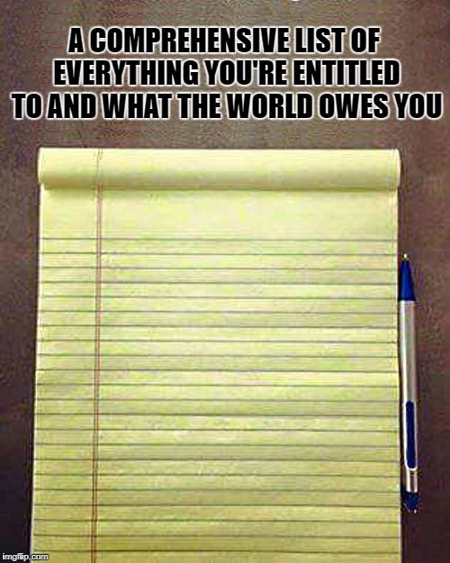 a comprehensive list of everything you're entitled to and what the world owes you | A COMPREHENSIVE LIST OF EVERYTHING YOU'RE ENTITLED TO AND WHAT THE WORLD OWES YOU | image tagged in notepad | made w/ Imgflip meme maker