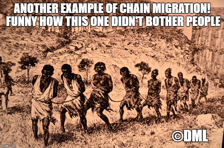 CHAIN MIGRATION |  ANOTHER EXAMPLE OF CHAIN MIGRATION! FUNNY HOW THIS ONE DIDN'T BOTHER PEOPLE; ©DML | image tagged in slavery,chain migration | made w/ Imgflip meme maker