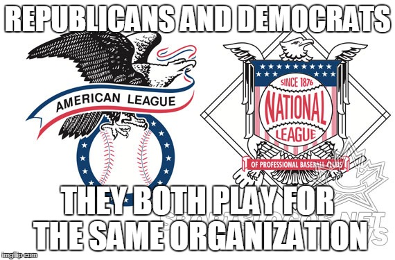 sports and the left-right paradigm | REPUBLICANS AND DEMOCRATS; THEY BOTH PLAY FOR THE SAME ORGANIZATION | image tagged in sports,politics,donald trump,obama,nfl,olympics | made w/ Imgflip meme maker