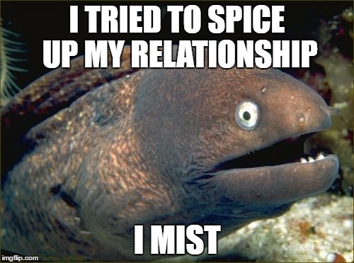 The lonely fish | I TRIED TO SPICE UP MY RELATIONSHIP; I MIST | image tagged in memes,bad joke eel | made w/ Imgflip meme maker