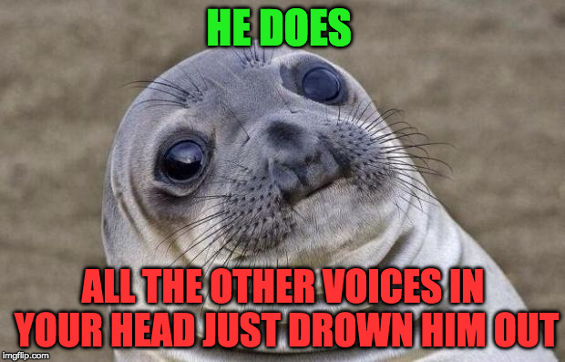 Awkward Moment Sealion Meme | HE DOES ALL THE OTHER VOICES IN YOUR HEAD JUST DROWN HIM OUT | image tagged in memes,awkward moment sealion | made w/ Imgflip meme maker