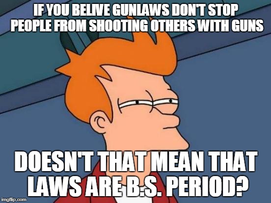 Futurama Fry Meme | IF YOU BELIVE GUNLAWS DON'T STOP PEOPLE FROM SHOOTING OTHERS WITH GUNS; DOESN'T THAT MEAN THAT LAWS ARE B.S. PERIOD? | image tagged in memes,futurama fry | made w/ Imgflip meme maker