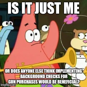 No I'm not a liberal. I just think background checks would be good. Let me know your thoughts :) | IS IT JUST ME; OR DOES ANYONE ELSE THINK IMPLEMENTING BACKGROUND CHECKS FOR GUN PURCHASES WOULD BE BENEFICIAL? | image tagged in memes,no patrick | made w/ Imgflip meme maker