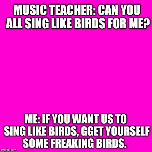 Blank Hot Pink Background | MUSIC TEACHER: CAN YOU ALL SING LIKE BIRDS FOR ME? ME: IF YOU WANT US TO SING LIKE BIRDS, GGET YOURSELF SOME FREAKING BIRDS. | image tagged in blank hot pink background | made w/ Imgflip meme maker