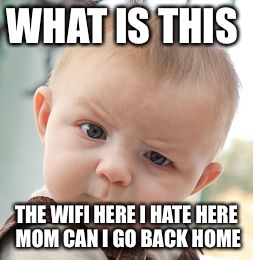 Skeptical Baby | WHAT IS THIS; THE WIFI HERE I HATE HERE MOM CAN I GO BACK HOME | image tagged in memes,skeptical baby | made w/ Imgflip meme maker