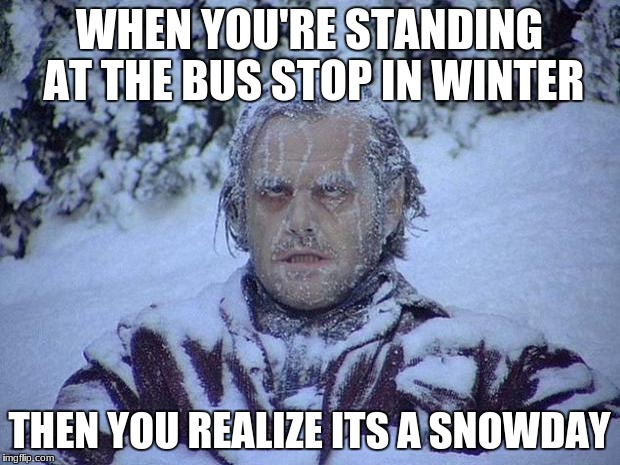 Jack Nicholson The Shining Snow Meme | WHEN YOU'RE STANDING AT THE BUS STOP IN WINTER; THEN YOU REALIZE ITS A SNOWDAY | image tagged in memes,jack nicholson the shining snow | made w/ Imgflip meme maker