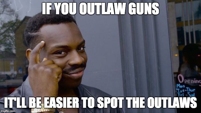 Roll Safe Think About It Meme | IF YOU OUTLAW GUNS; IT'LL BE EASIER TO SPOT THE OUTLAWS | image tagged in memes,roll safe think about it | made w/ Imgflip meme maker