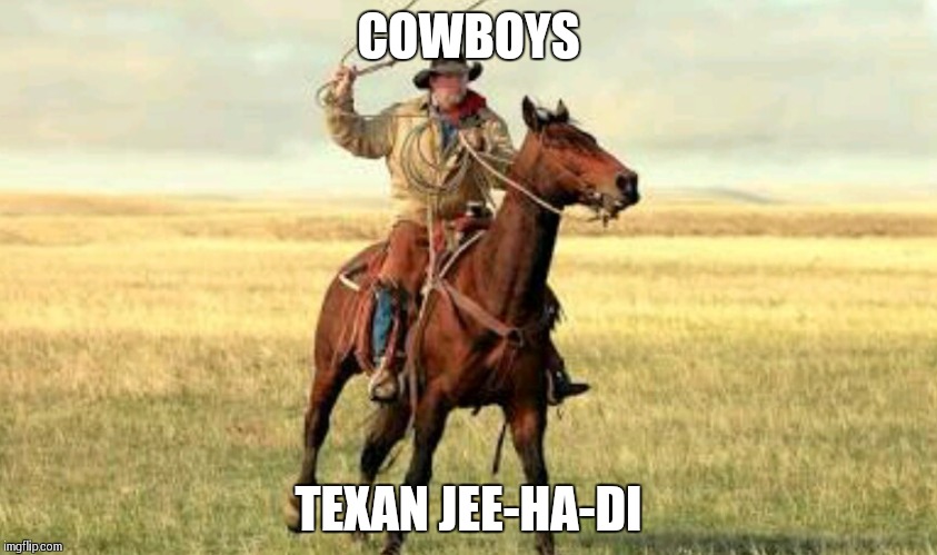 COWBOYS; TEXAN JEE-HA-DI | image tagged in cowboys | made w/ Imgflip meme maker