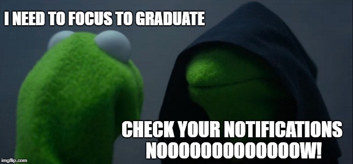 Evil Kermit Meme | I NEED TO FOCUS TO GRADUATE; CHECK YOUR NOTIFICATIONS NOOOOOOOOOOOOOW! | image tagged in memes,evil kermit | made w/ Imgflip meme maker