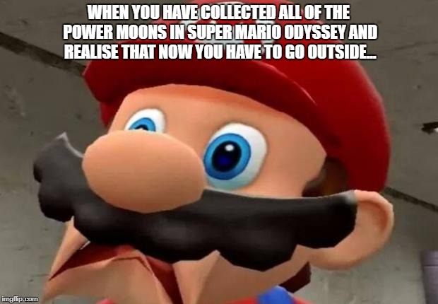 Mario WTF | WHEN YOU HAVE COLLECTED ALL OF THE POWER MOONS IN SUPER MARIO ODYSSEY AND REALISE THAT NOW YOU HAVE TO GO OUTSIDE... | image tagged in mario wtf | made w/ Imgflip meme maker
