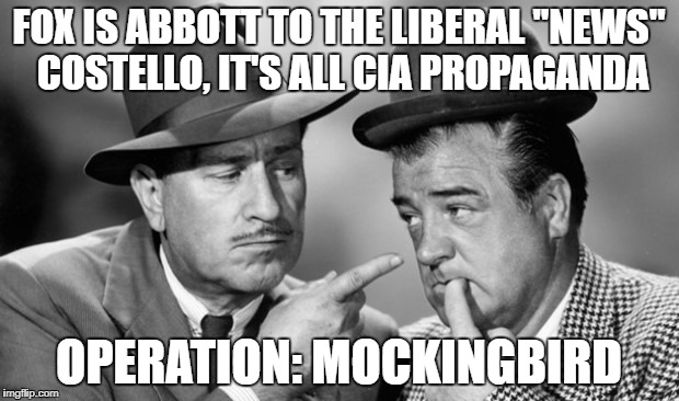 Voice of the deep state | FOX IS ABBOTT TO THE LIBERAL "NEWS" COSTELLO, IT'S ALL CIA PROPAGANDA; OPERATION: MOCKINGBIRD | image tagged in fake news | made w/ Imgflip meme maker