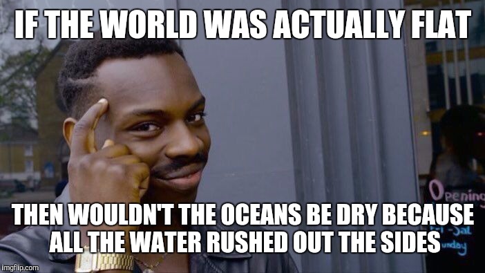 Roll Safe Think About It Meme | IF THE WORLD WAS ACTUALLY FLAT; THEN WOULDN'T THE OCEANS BE DRY BECAUSE ALL THE WATER RUSHED OUT THE SIDES | image tagged in memes,roll safe think about it | made w/ Imgflip meme maker