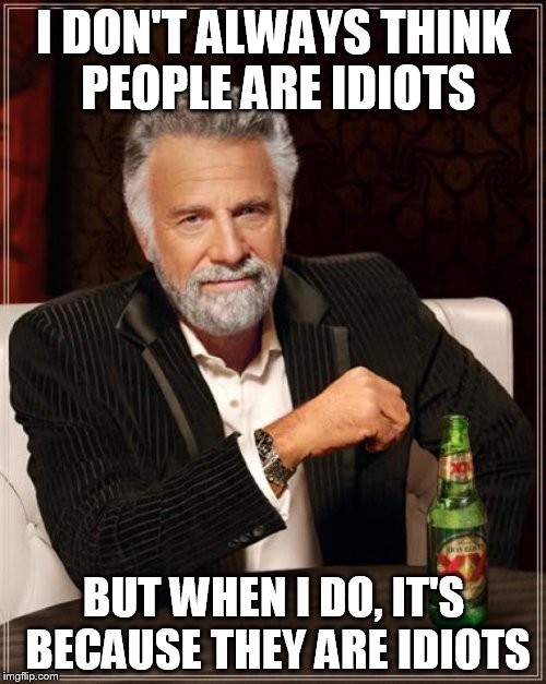 The Most Interesting Man In The World Meme | I DON'T ALWAYS THINK PEOPLE ARE IDIOTS BUT WHEN I DO, IT'S BECAUSE THEY ARE IDIOTS | image tagged in memes,the most interesting man in the world | made w/ Imgflip meme maker