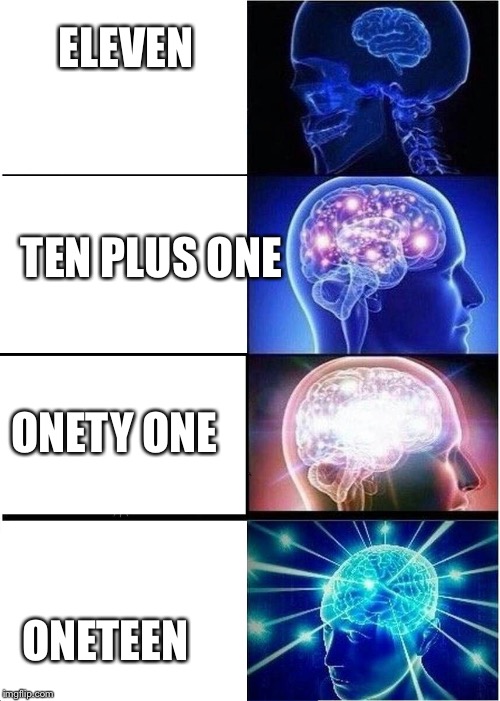 Expanding mind  | ELEVEN; TEN PLUS ONE; ONETY ONE; ONETEEN | image tagged in expanding mind | made w/ Imgflip meme maker