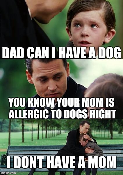 Finding Neverland | DAD CAN I HAVE A DOG; YOU KNOW YOUR MOM IS ALLERGIC TO DOGS RIGHT; I DONT HAVE A MOM | image tagged in memes,finding neverland | made w/ Imgflip meme maker