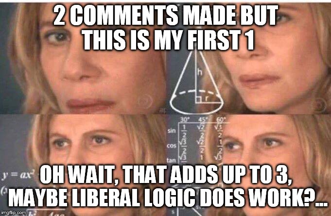 2 COMMENTS MADE BUT THIS IS MY FIRST 1 OH WAIT, THAT ADDS UP TO 3, MAYBE LIBERAL LOGIC DOES WORK?... | made w/ Imgflip meme maker
