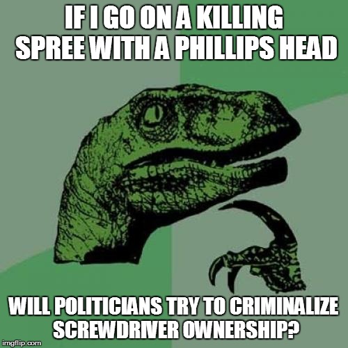 Philosoraptor Meme | IF I GO ON A KILLING SPREE WITH A PHILLIPS HEAD WILL POLITICIANS TRY TO CRIMINALIZE SCREWDRIVER OWNERSHIP? | image tagged in memes,philosoraptor | made w/ Imgflip meme maker