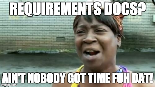 Ain't Nobody Got Time For That | REQUIREMENTS DOCS? AIN'T NOBODY GOT TIME FUH DAT! | image tagged in memes,aint nobody got time for that | made w/ Imgflip meme maker