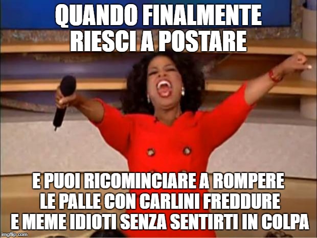 Oprah You Get A Meme | QUANDO FINALMENTE RIESCI A POSTARE; E PUOI RICOMINCIARE A ROMPERE LE PALLE CON CARLINI FREDDURE E MEME IDIOTI SENZA SENTIRTI IN COLPA | image tagged in memes,oprah you get a | made w/ Imgflip meme maker