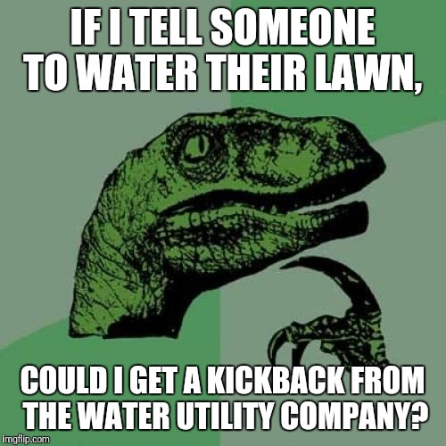 Philosoraptor Meme | IF I TELL SOMEONE TO WATER THEIR LAWN, COULD I GET A KICKBACK FROM THE WATER UTILITY COMPANY? | image tagged in memes,philosoraptor | made w/ Imgflip meme maker