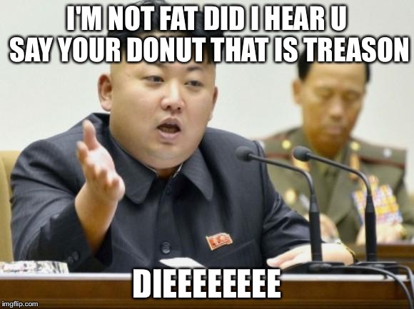 kim jong un | I'M NOT FAT DID I HEAR U SAY YOUR DONUT THAT IS TREASON; DIEEEEEEEE | image tagged in kim jong un | made w/ Imgflip meme maker