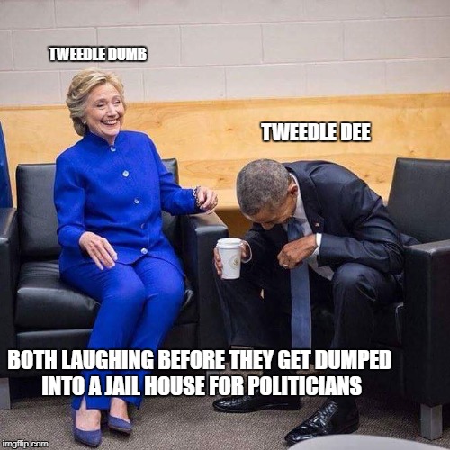 Hillary Obama laughing  | TWEEDLE DUMB; TWEEDLE DEE; BOTH LAUGHING BEFORE THEY GET DUMPED INTO A JAIL HOUSE FOR POLITICIANS | image tagged in hillary obama laughing | made w/ Imgflip meme maker
