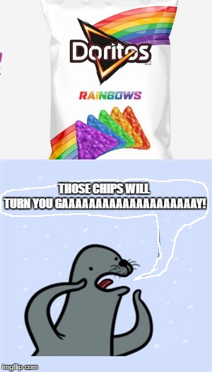 THOSE CHIPS WILL TURN YOU GAAAAAAAAAAAAAAAAAAAAY! | image tagged in gay seal,doritos rainbow | made w/ Imgflip meme maker
