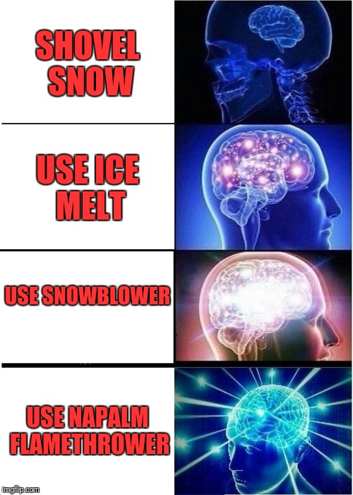Expanding Brain Meme | SHOVEL SNOW; USE ICE MELT; USE SNOWBLOWER; USE NAPALM FLAMETHROWER | image tagged in memes,expanding brain | made w/ Imgflip meme maker