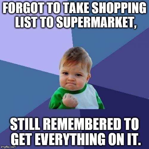 Success Kid | FORGOT TO TAKE SHOPPING LIST TO SUPERMARKET, STILL REMEMBERED TO GET EVERYTHING ON IT. | image tagged in memes,success kid | made w/ Imgflip meme maker