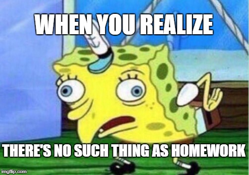 Mocking Spongebob Meme | WHEN YOU REALIZE; THERE'S NO SUCH THING AS HOMEWORK | image tagged in memes,mocking spongebob | made w/ Imgflip meme maker