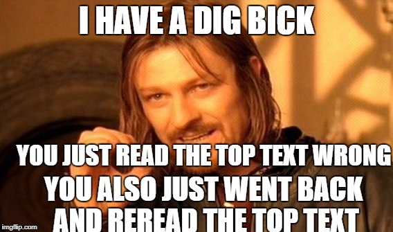 One Does Not Simply | I HAVE A DIG BICK; YOU JUST READ THE TOP TEXT WRONG; YOU ALSO JUST WENT BACK AND REREAD THE TOP TEXT | image tagged in memes,one does not simply,mind blown,funny | made w/ Imgflip meme maker