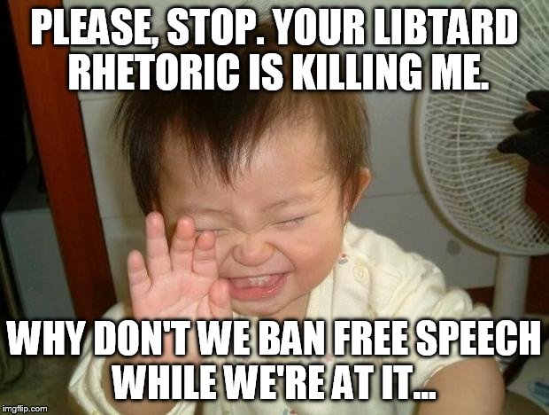 PLEASE, STOP. YOUR LIBTARD RHETORIC IS KILLING ME. WHY DON'T WE BAN FREE SPEECH WHILE WE'RE AT IT... | made w/ Imgflip meme maker