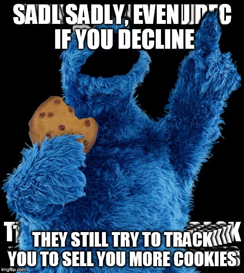 SADLY, EVEN IF YOU DECLINE THEY STILL TRY TO TRACK YOU TO SELL YOU MORE COOKIES | made w/ Imgflip meme maker