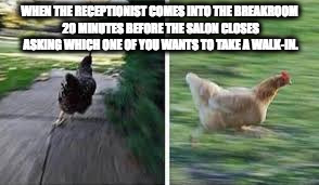 running chicken | WHEN THE RECEPTIONIST COMES INTO THE BREAKROOM 20 MINUTES BEFORE THE SALON CLOSES ASKING WHICH ONE OF YOU WANTS TO TAKE A WALK-IN. | image tagged in running chicken | made w/ Imgflip meme maker
