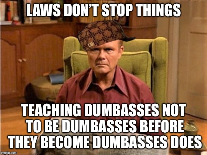 Red Foreman Scumbag Hat | LAWS DON’T STOP THINGS; TEACHING DUMBASSES NOT TO BE DUMBASSES BEFORE THEY BECOME DUMBASSES DOES | image tagged in red foreman scumbag hat,memes | made w/ Imgflip meme maker