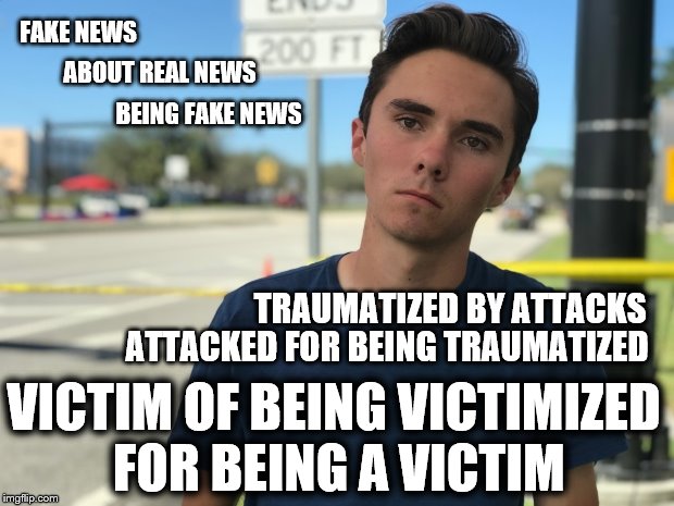 shameless propaganda makes victims of us all | ABOUT REAL NEWS; FAKE NEWS; BEING FAKE NEWS; TRAUMATIZED BY ATTACKS; ATTACKED FOR BEING TRAUMATIZED; VICTIM OF BEING VICTIMIZED FOR BEING A VICTIM | image tagged in david hogg,school shooting | made w/ Imgflip meme maker