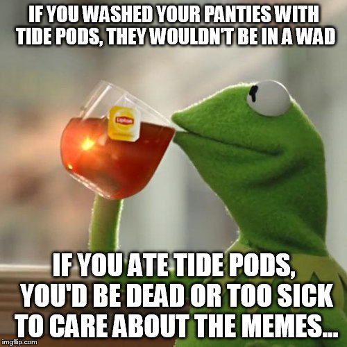 But That's None Of My Business Meme | IF YOU WASHED YOUR PANTIES WITH TIDE PODS, THEY WOULDN'T BE IN A WAD IF YOU ATE TIDE PODS, YOU'D BE DEAD OR TOO SICK TO CARE ABOUT THE MEMES | image tagged in memes,but thats none of my business,kermit the frog | made w/ Imgflip meme maker