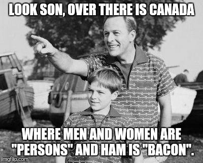 Look Son Meme | LOOK SON, OVER THERE IS CANADA; WHERE MEN AND WOMEN ARE "PERSONS" AND HAM IS "BACON". | image tagged in memes,look son | made w/ Imgflip meme maker