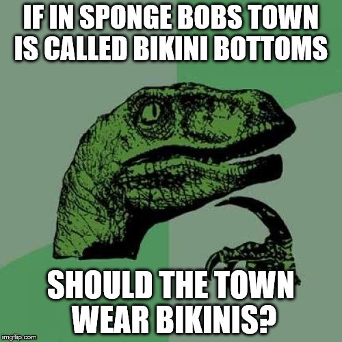 Philosoraptor | IF IN SPONGE BOBS TOWN IS CALLED BIKINI BOTTOMS; SHOULD THE TOWN WEAR BIKINIS? | image tagged in memes,philosoraptor | made w/ Imgflip meme maker